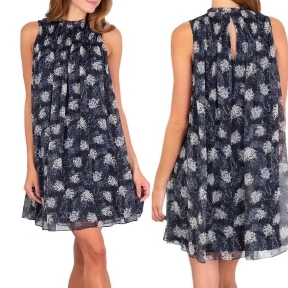 Joie Sleeveless Sheer Overlay Mini Dress Baltic Print Blue, Size XXL NWT